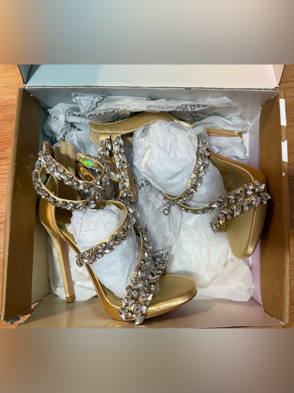 Gold Jeweled Stiletto Heels with Crystal Straps